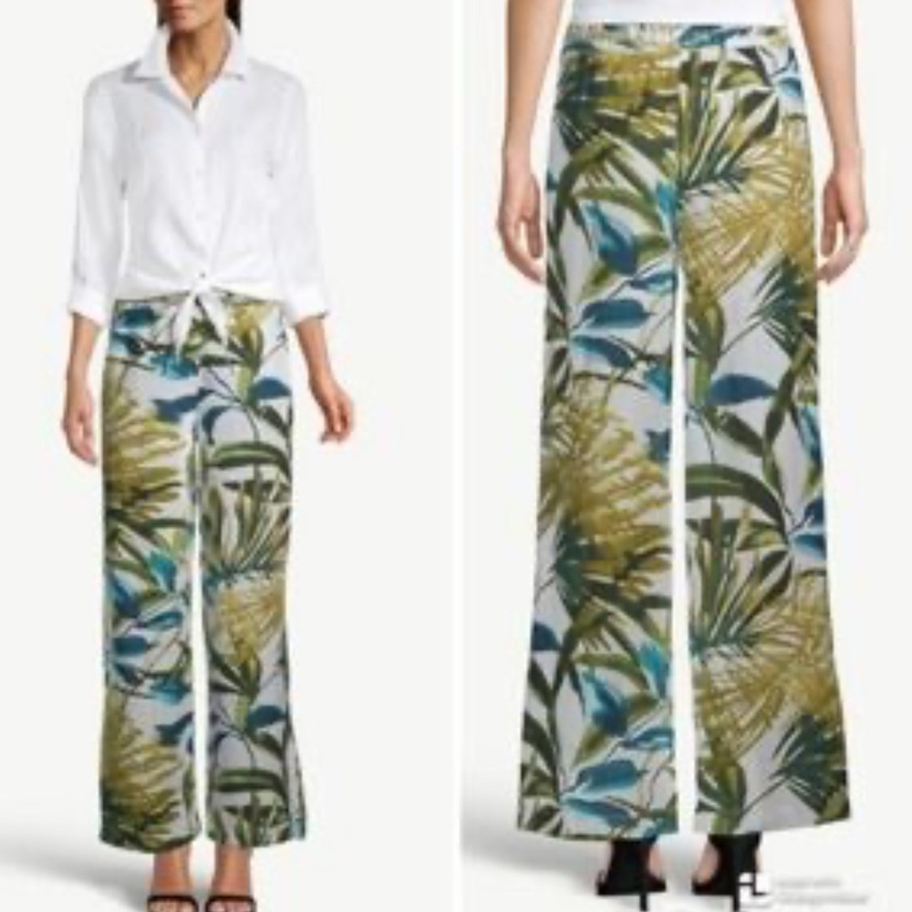 CHICO'S SIZE 3 Wide-Leg Pull On Linen Pants Tropical Floral C5